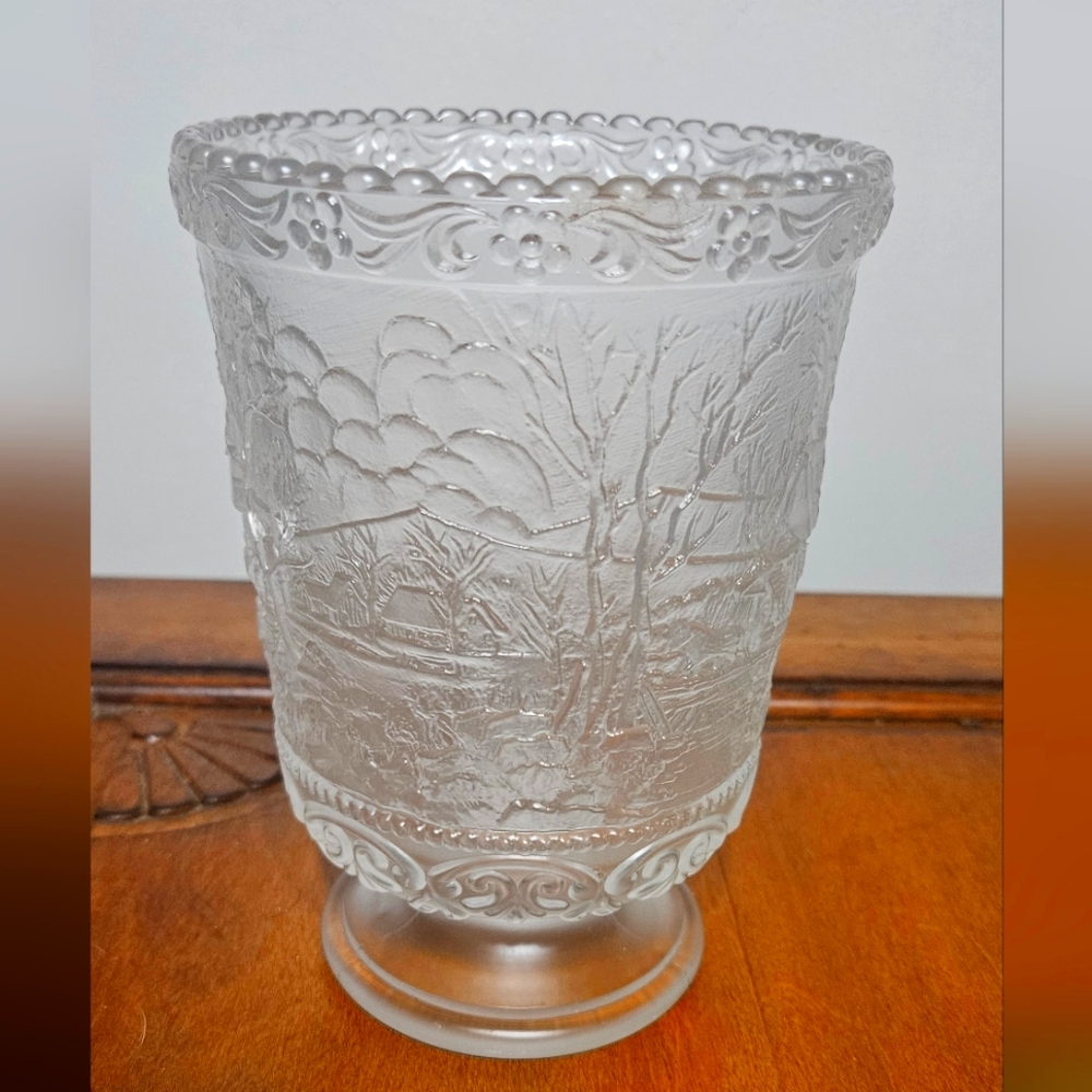 Fenton Gray Textured Vase with Lace Rim and Nature Motif